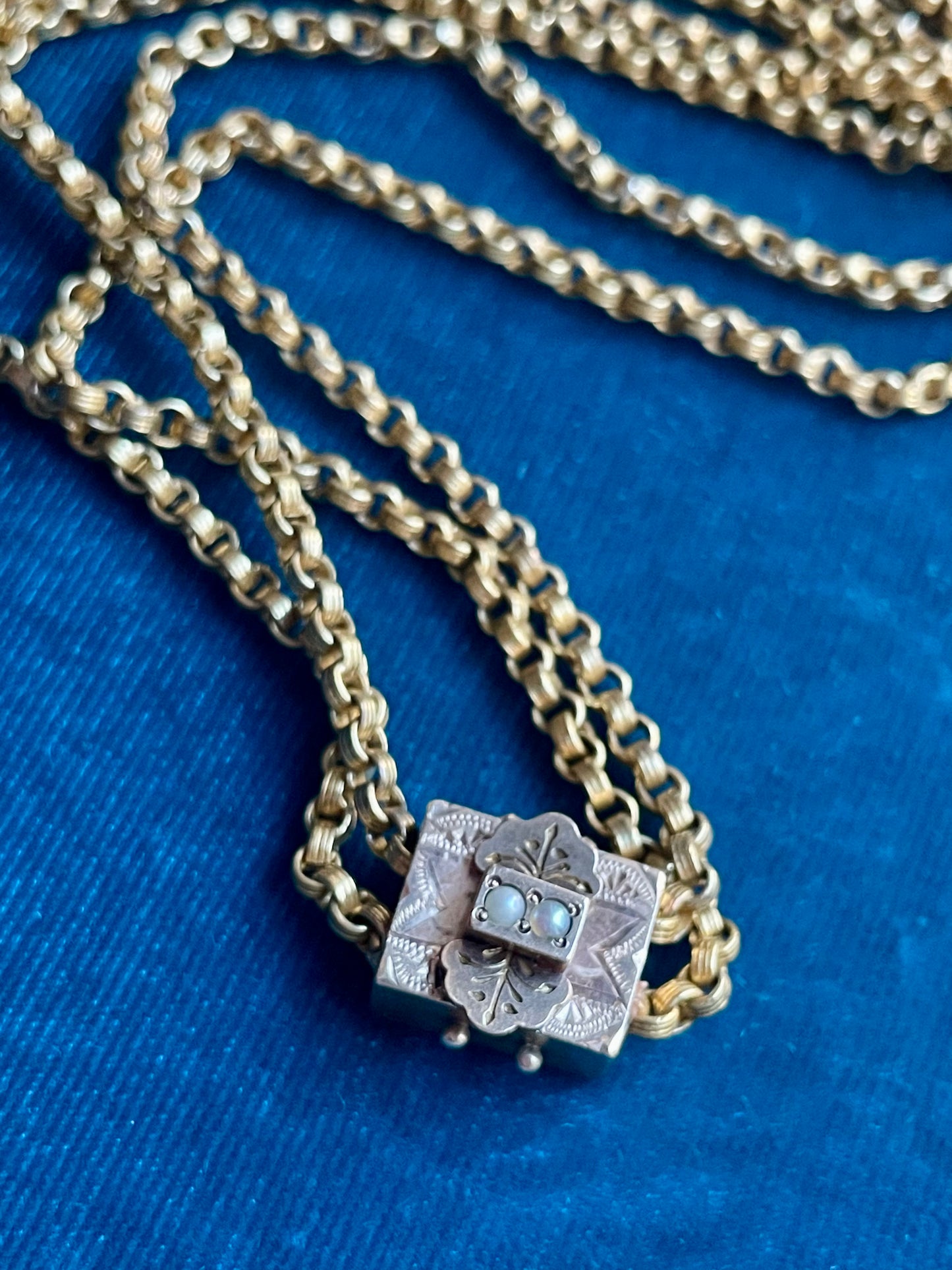Antique Victorian Belcher Link With Seed Pearl Slider 14k Gold 31" Chain