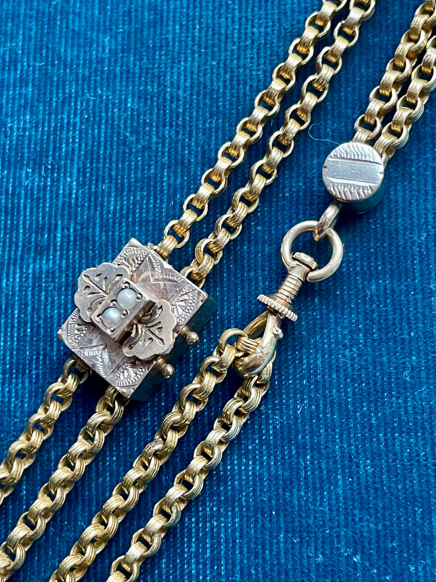 Antique Victorian Belcher Link With Seed Pearl Slider 14k Gold 31" Chain