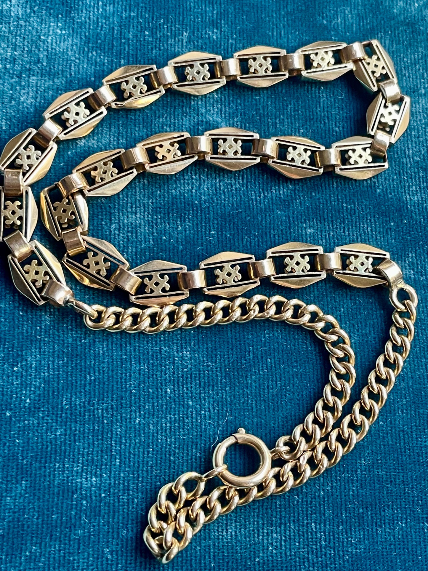 Antique Victorian Open-Work Hexagon and Curb Link 14K Gold 16.5" Chain
