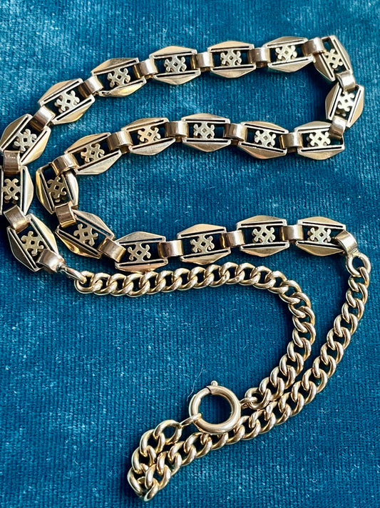 Antique Victorian Open-Work Hexagon and Curb Link 14K Gold 16.5" Chain