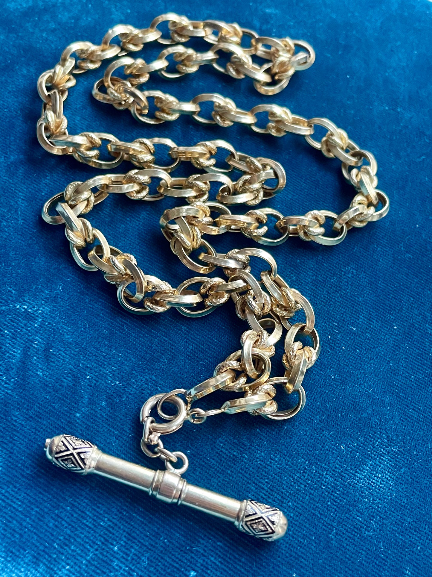 24" 18k Fancy Link Watch Chain w/ Ornate T-Bar