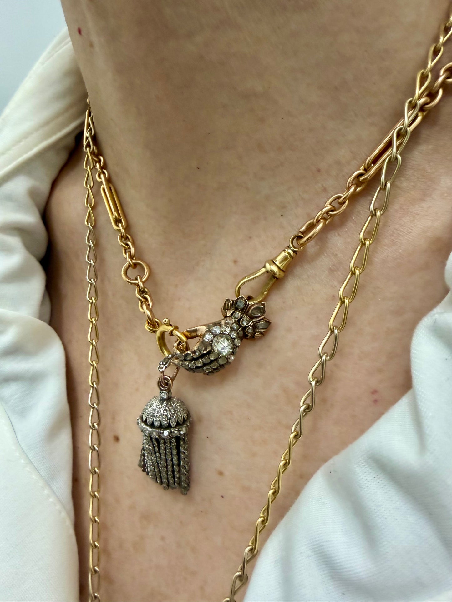 Antique French Diamond Silver-Over-Gold Tassel Pendant