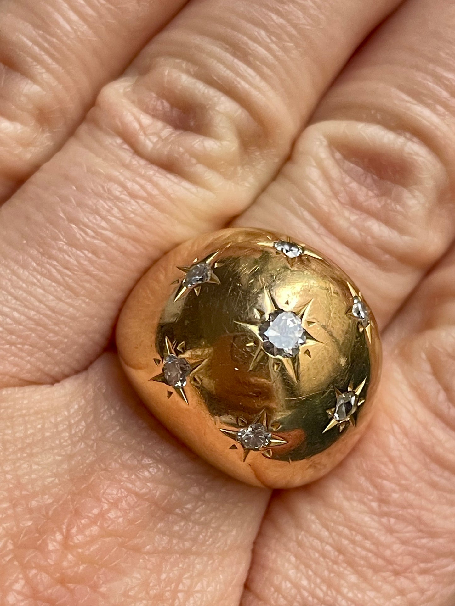 Mid-Century French Diamond Star-Set 18k Gold Bombé Ring
