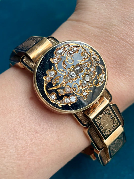 Antique Imperial Russian Diamond and Black Enamel 14K Gold Locket Bracelet