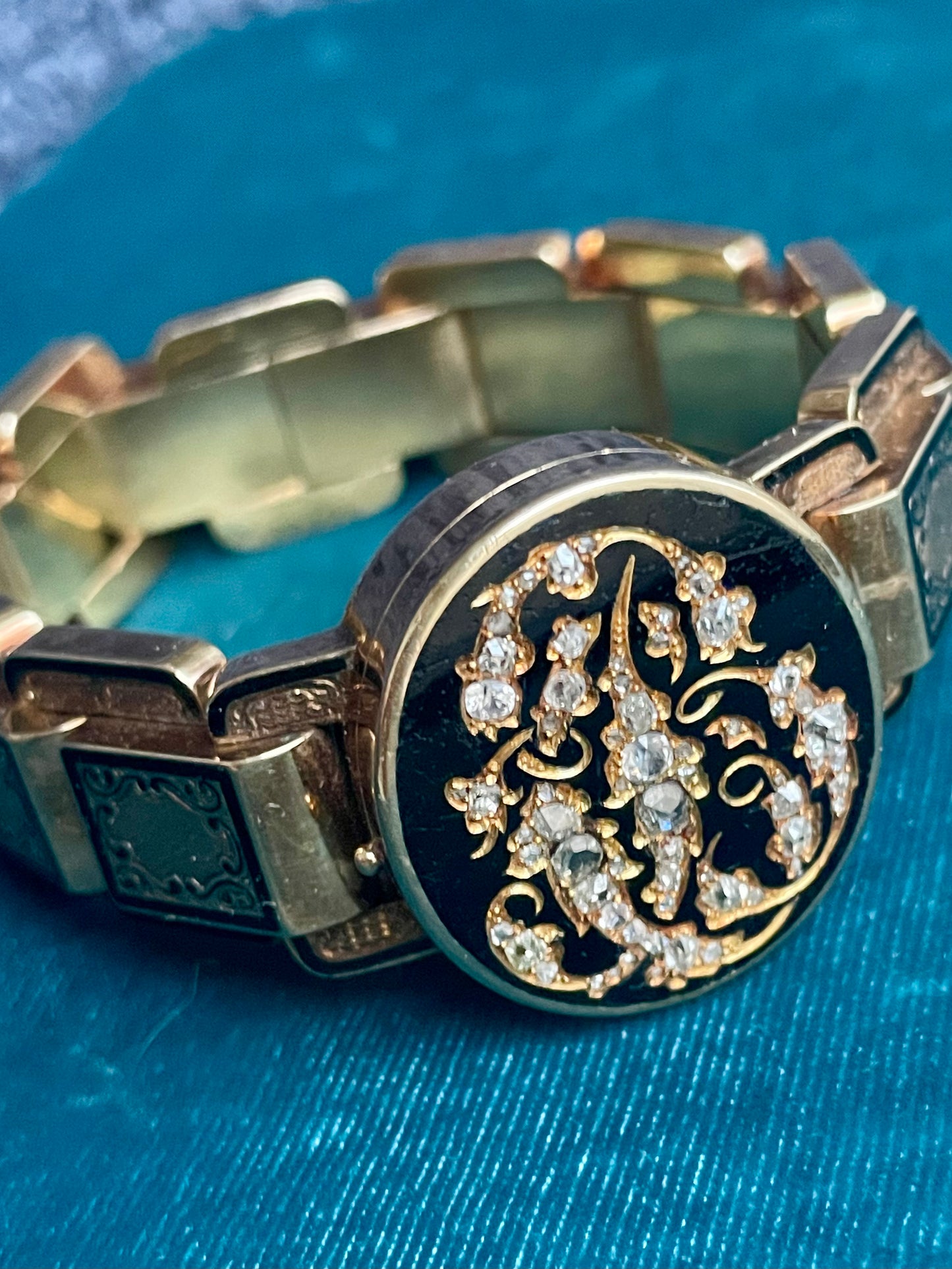 Antique French Diamond and Black Enamel 18K Gold Locket Bracelet