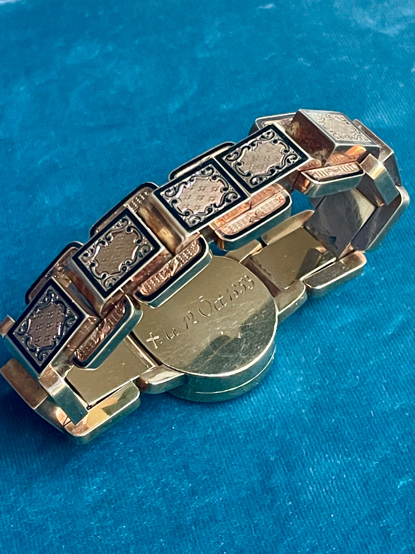 Antique French Diamond and Black Enamel 18K Gold Locket Bracelet
