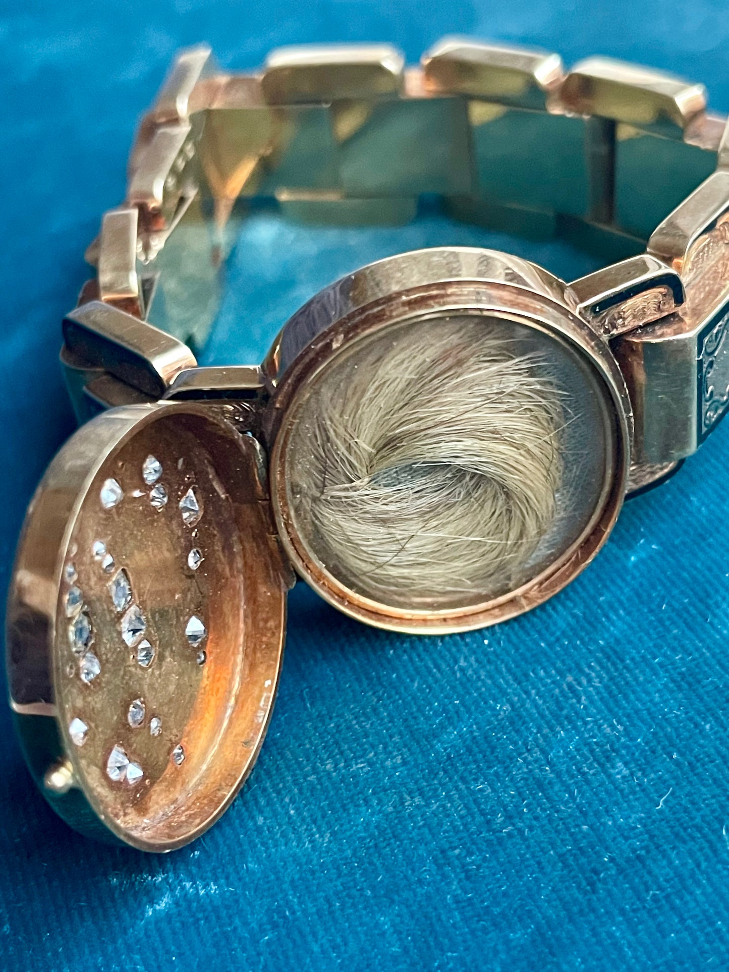Antique French Diamond and Black Enamel 18K Gold Locket Bracelet