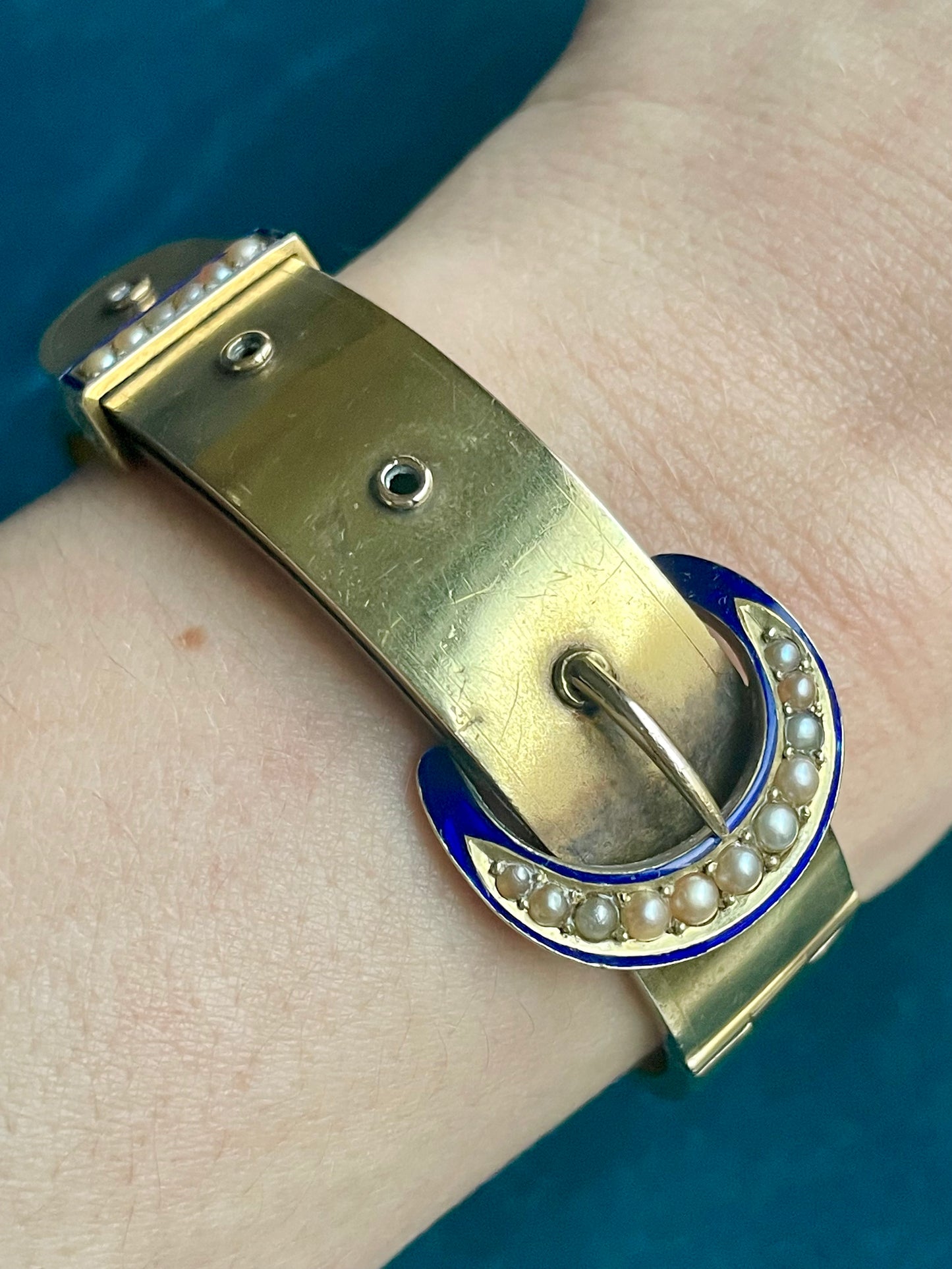 Antique Victorian Seed Pearl and Blue Enamel 18K Gold Buckle Bracelet
