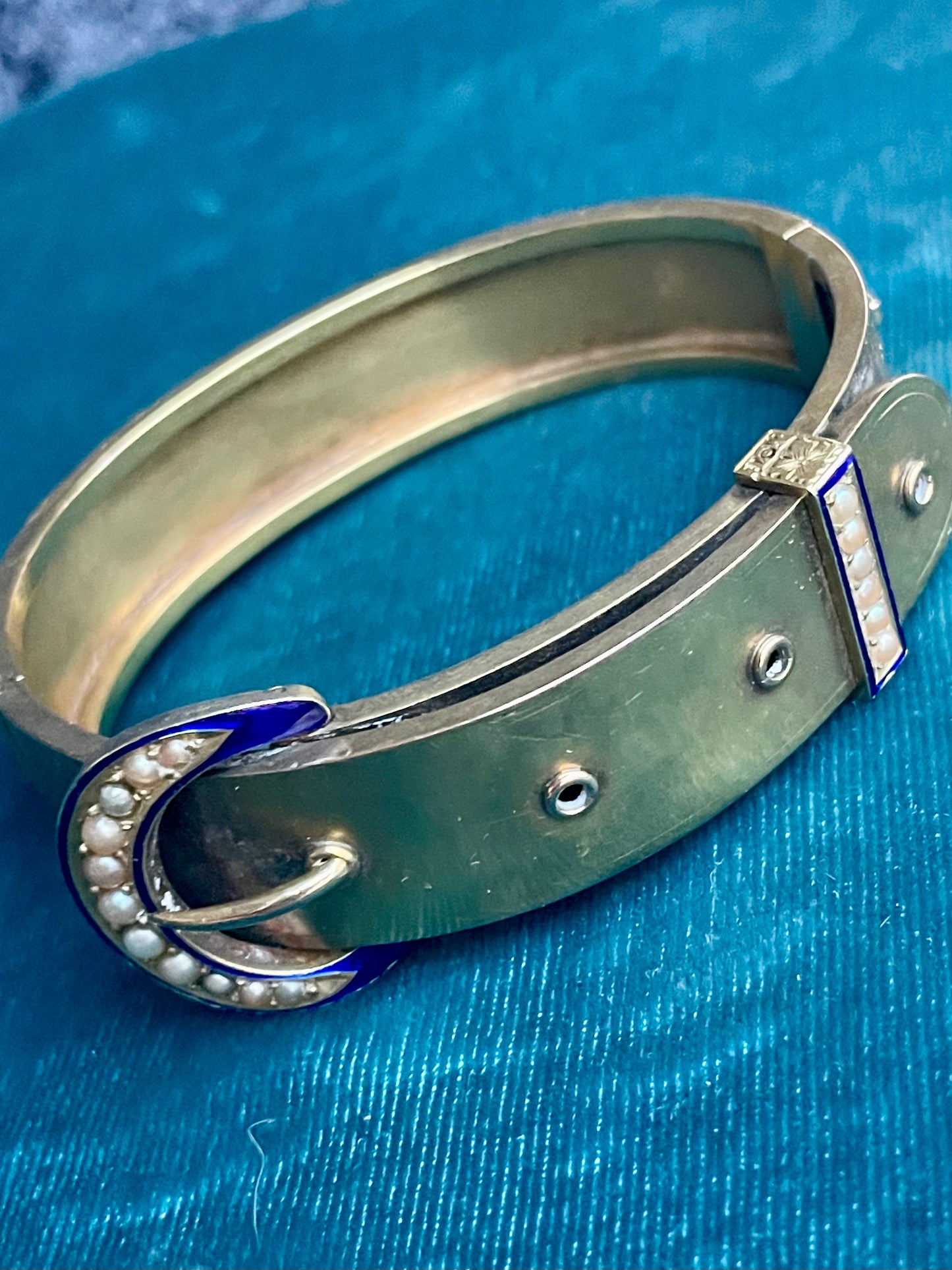 Antique Victorian Seed Pearl and Blue Enamel 18K Gold Buckle Bracelet