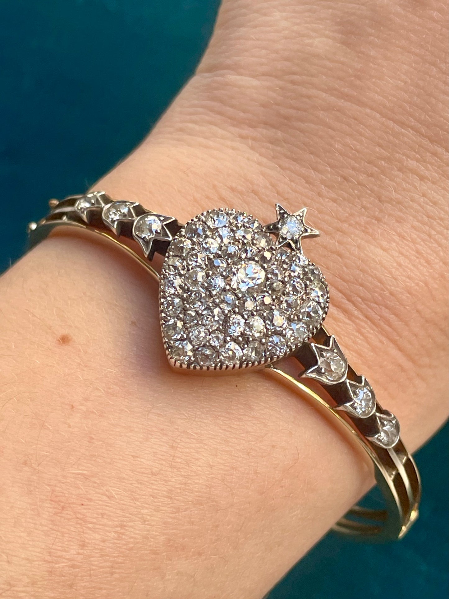 Antique Victorian Diamond Pave Heart Silver-Over-18k Gold Bangle