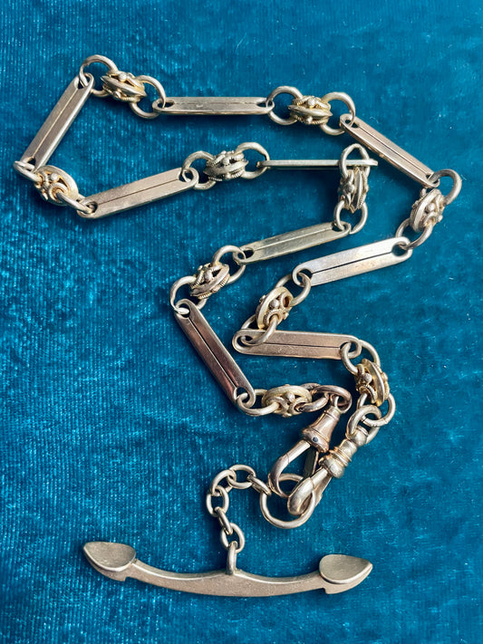 Antique English Fancy Link with "Anchor" T-bar 14k Gold 14.75" Albert Watch Chain