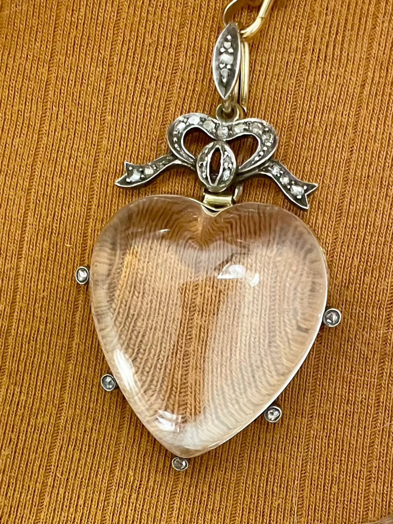 Antique French Diamond Accent Bow and Rock Crystal 14k Gold Locket