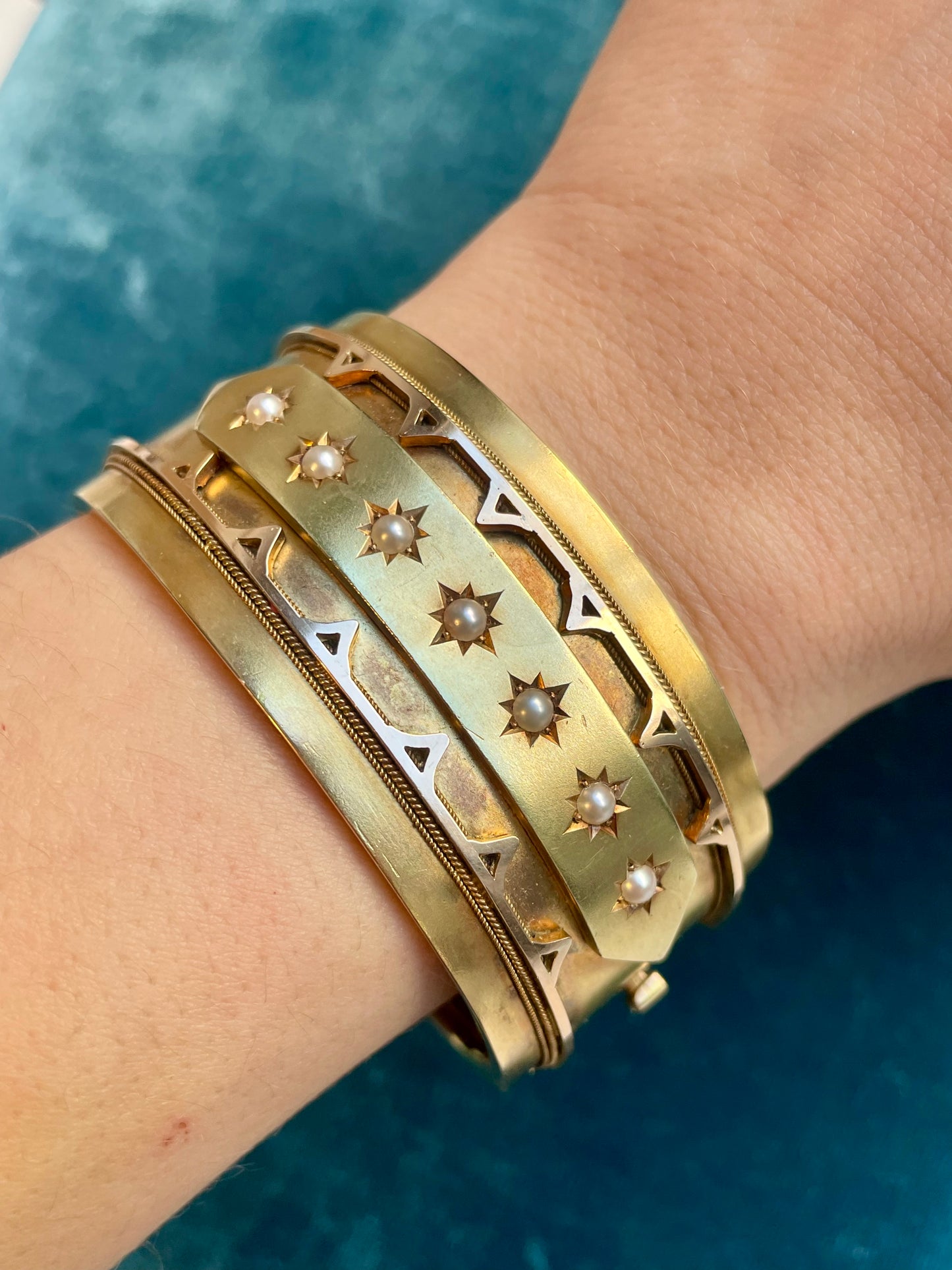 Antique Victorian Seed Pearl Star-Set Three-Row 18k Gold Bangle