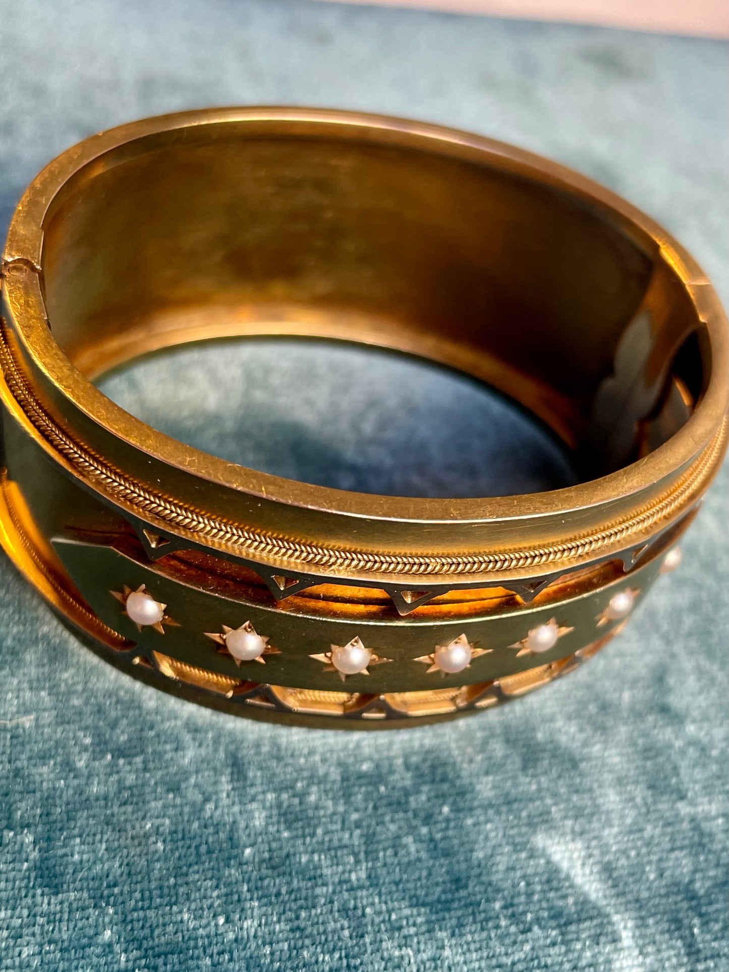 Antique Victorian Seed Pearl Star-Set Three-Row 18k Gold Bangle