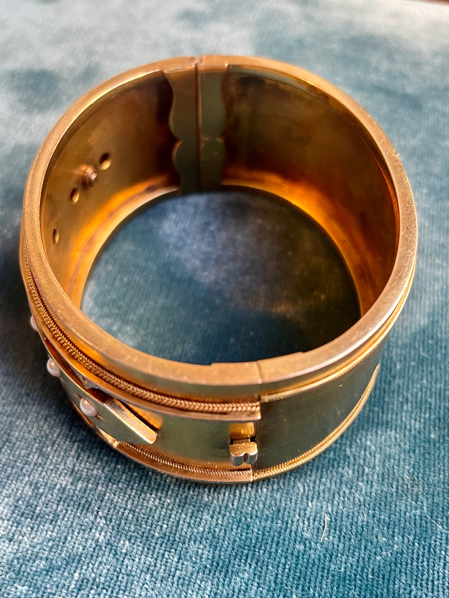 Antique Victorian Seed Pearl Star-Set Three-Row 18k Gold Bangle