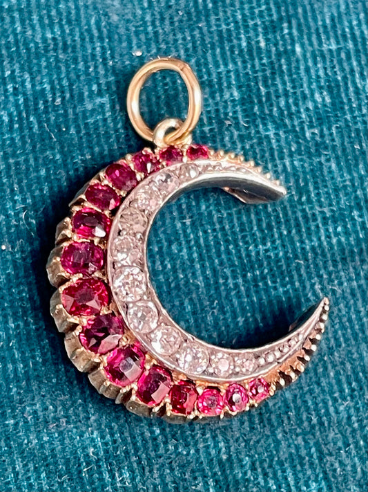 Antique Victorian Double Row Ruby and Diamond Crescent 15k Gold Pendant
