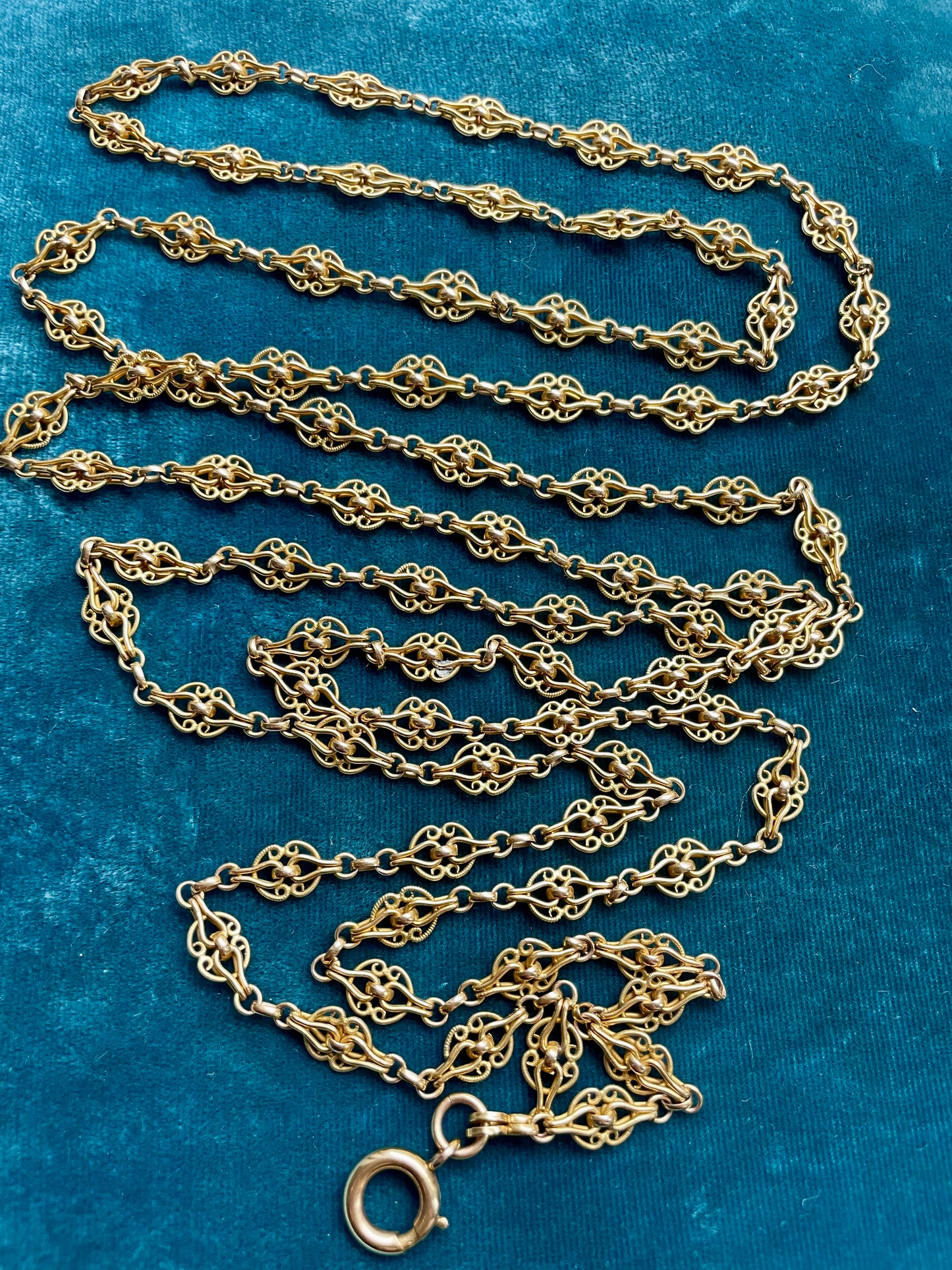 Antique French Filigree 18k Gold 59" Long Guard Chain