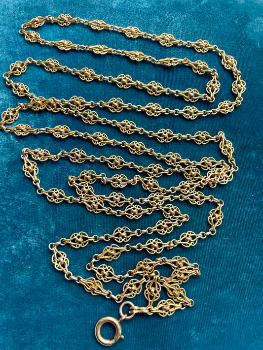 Antique French Filigree 18k Gold 59" Long Guard Chain