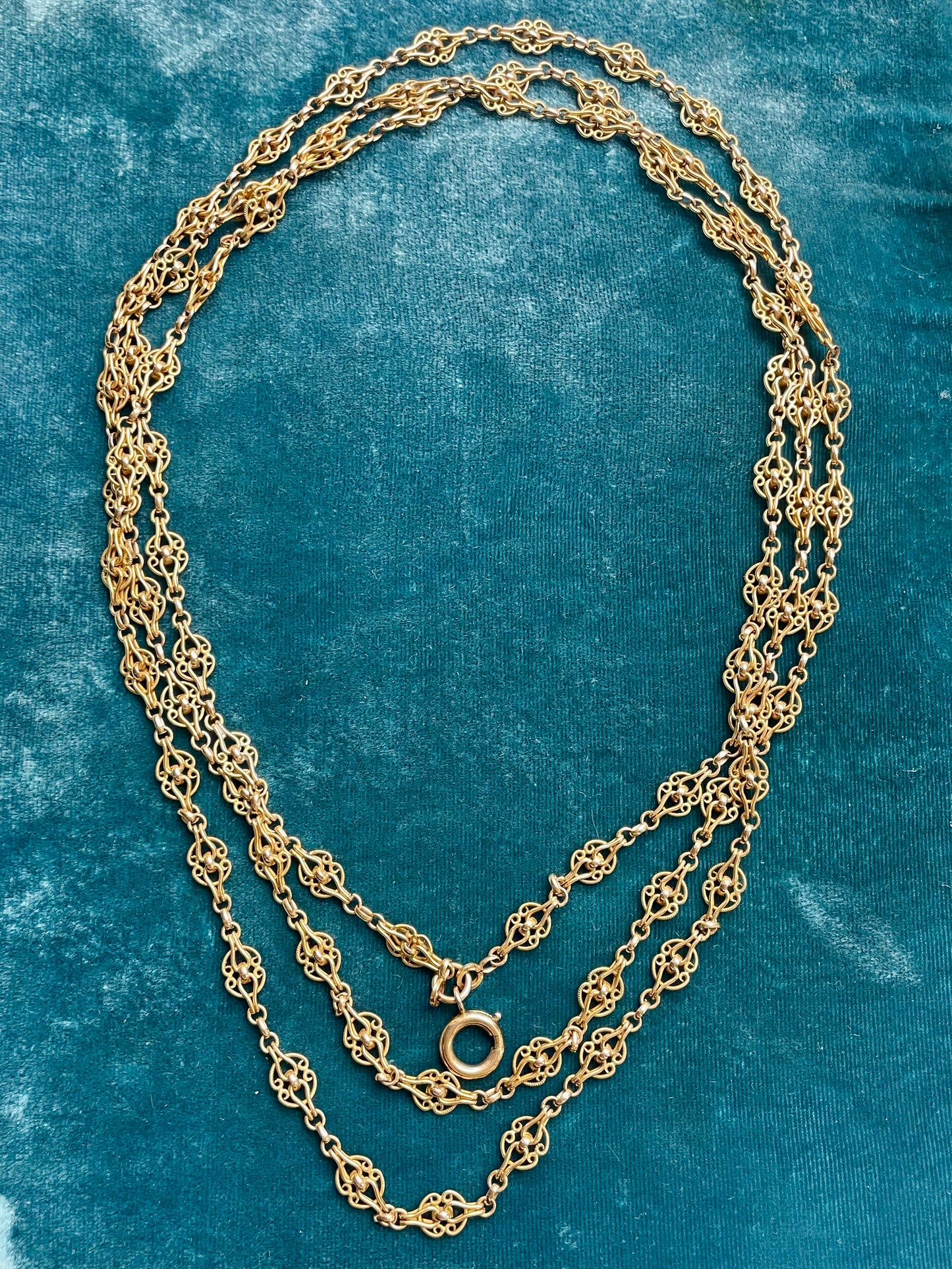 Antique French Filigree 18k Gold 59" Long Guard Chain