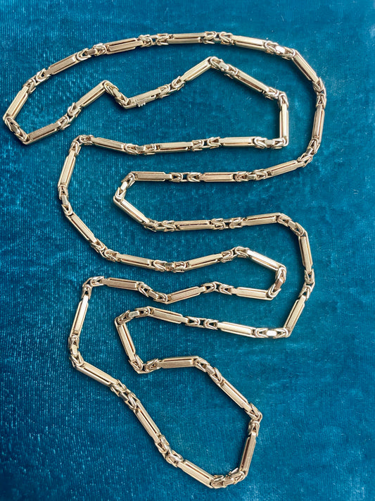 Mid-Century Structured Bar and Byzantine Link 18k Gold 38" Chain