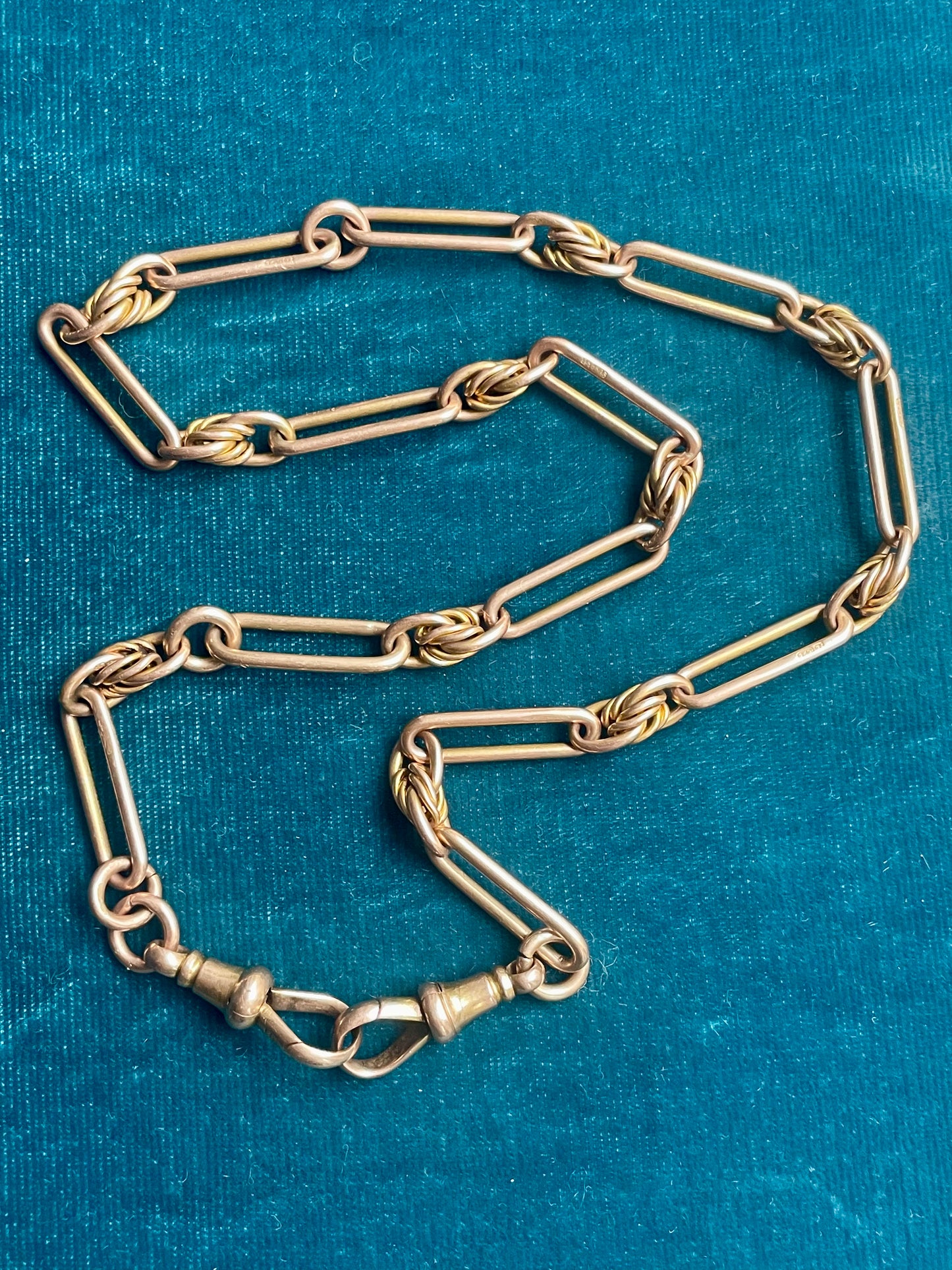 Antique Belle Époque Trombone & Love Knot 14K Gold 16" Watch Chain