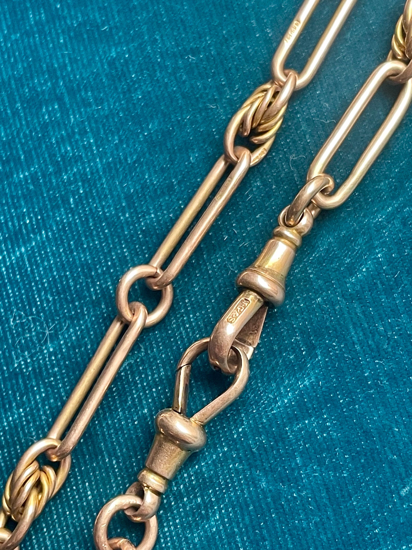 Antique Belle Époque Trombone & Love Knot 14K Gold 16" Watch Chain