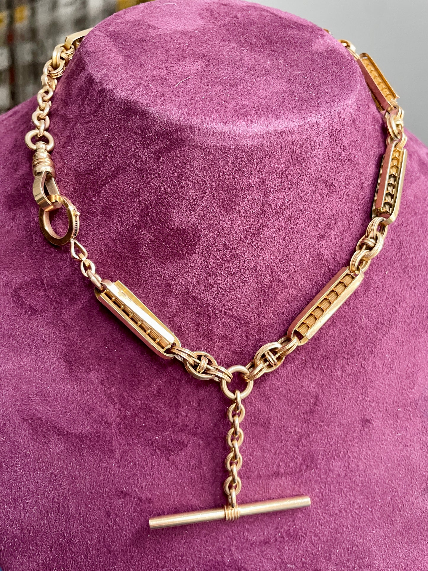 Antique Fancy Bar Link 14K Gold 15" Albert Watch Chain