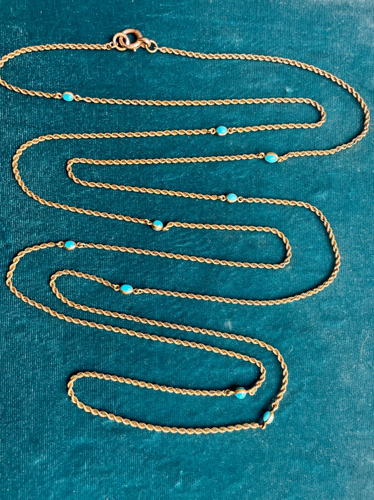Antique Victorian 14k Gold 54" Turquoise Cabochon Station Chain