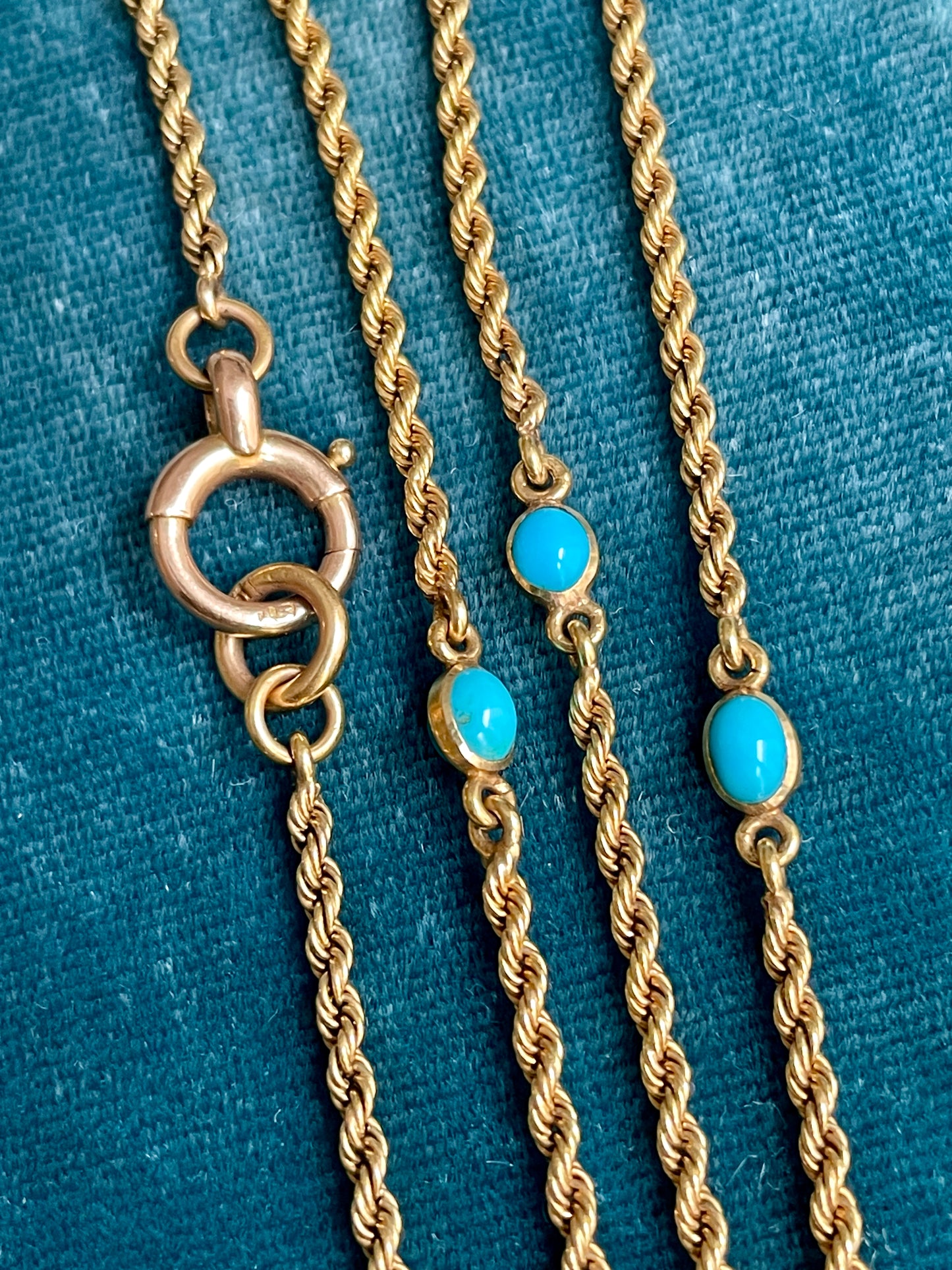 Antique Victorian 14k Gold 54" Turquoise Cabochon Station Chain