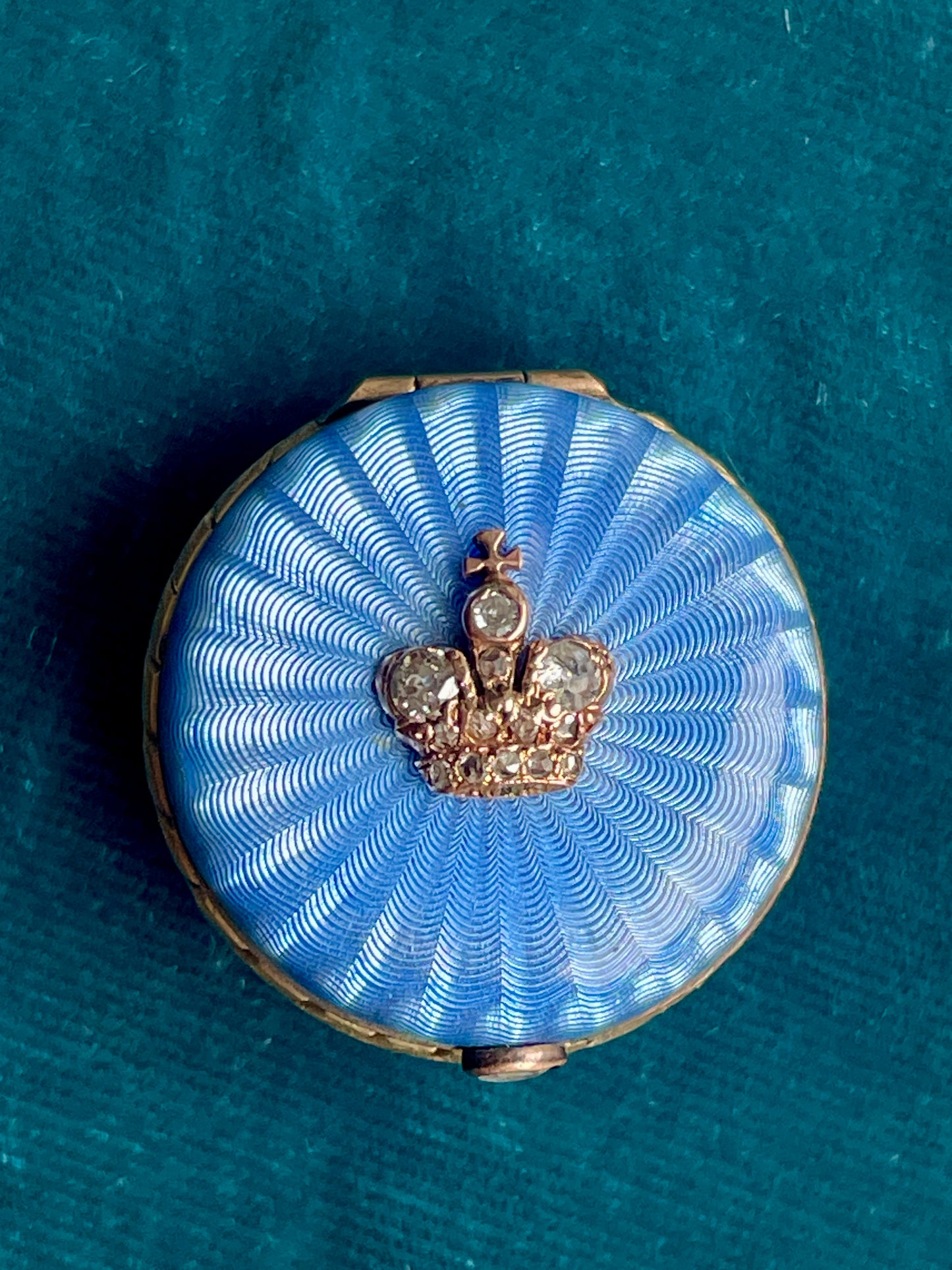 Antique Fabergé Imperial Russian Blue Guilloché Diamond Crown 14k Gold Pill Box