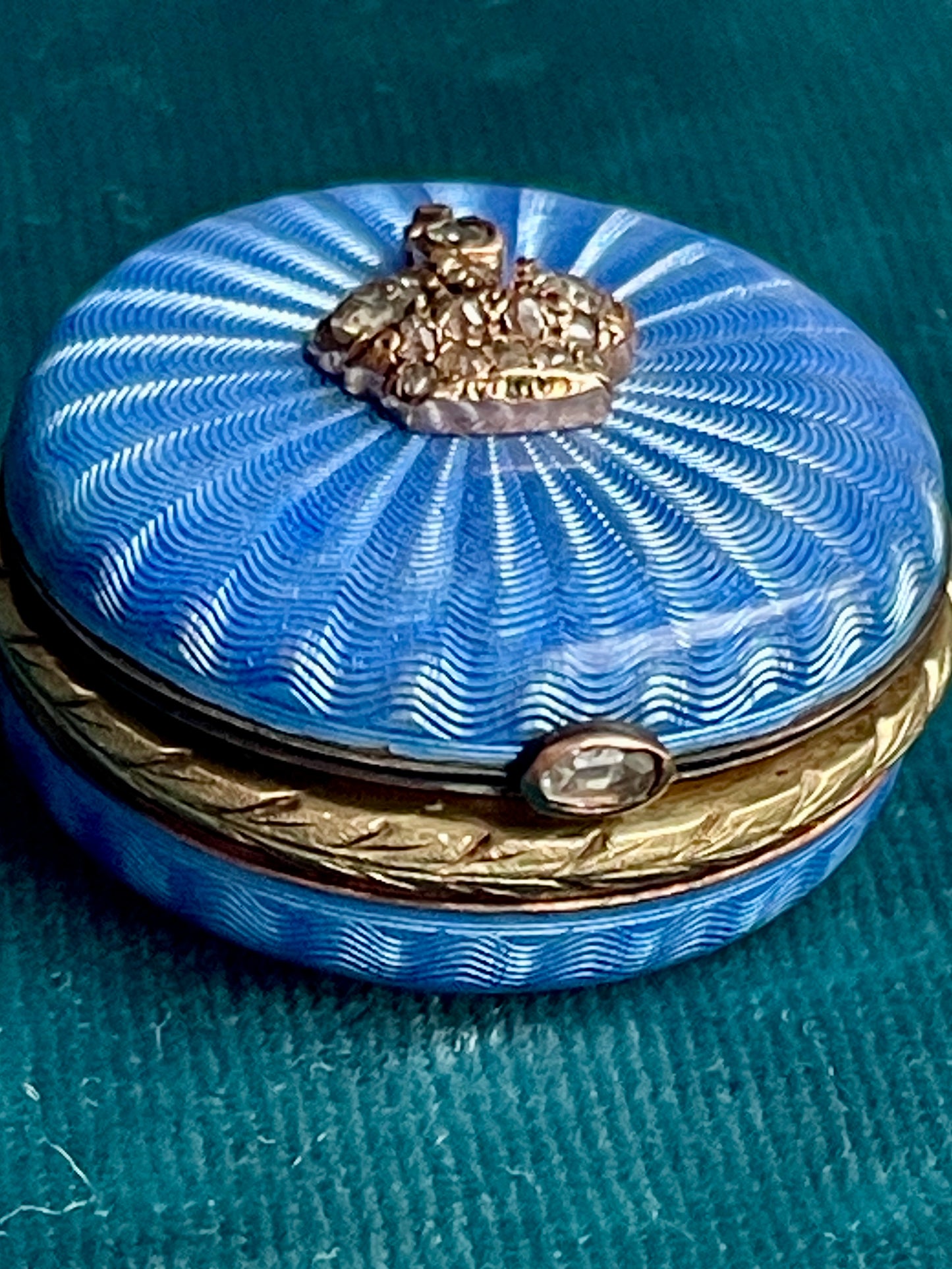 Antique Fabergé Imperial Russian Blue Guilloché Diamond Crown 14k Gold Pill Box