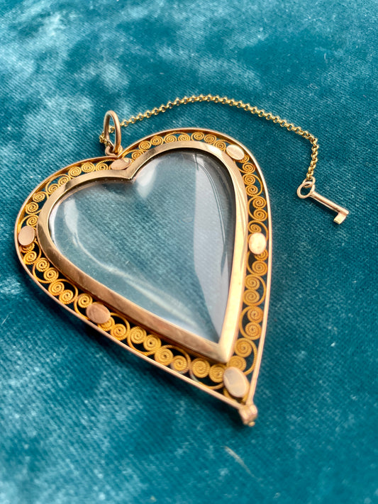 Antique Belle Époque Rock Crystal Heart With Small Key 18k Rose Gold Locket