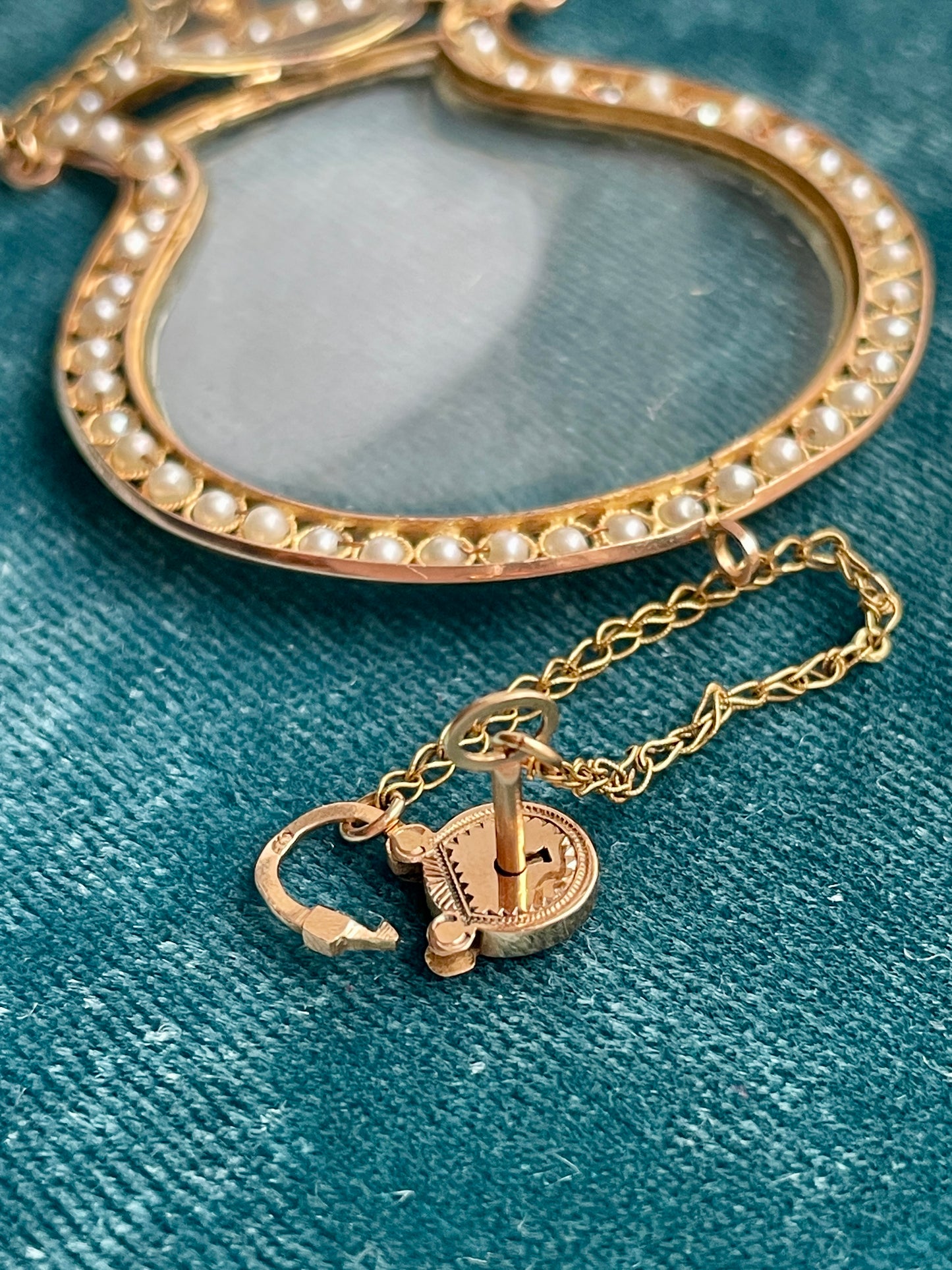 Antique French Glass and Seed Pearl Perfume Bottle with Padlock and Key 18k Gold Pendant