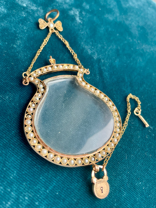 Antique French Glass and Seed Pearl Perfume Bottle with Padlock and Key 18k Gold Pendant