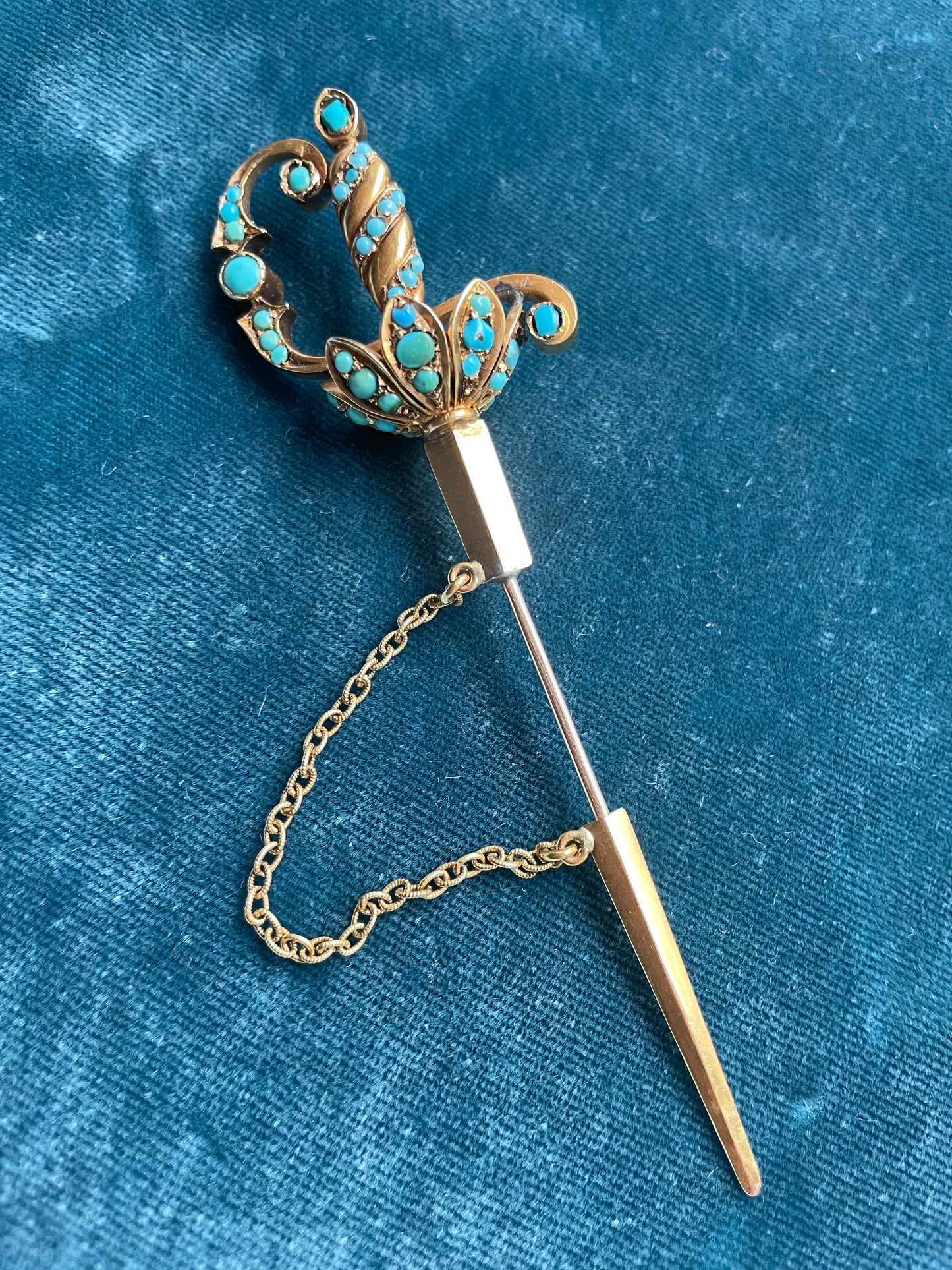 Antique Victorian Turquoise Accent Gold Sword Jabot Pin