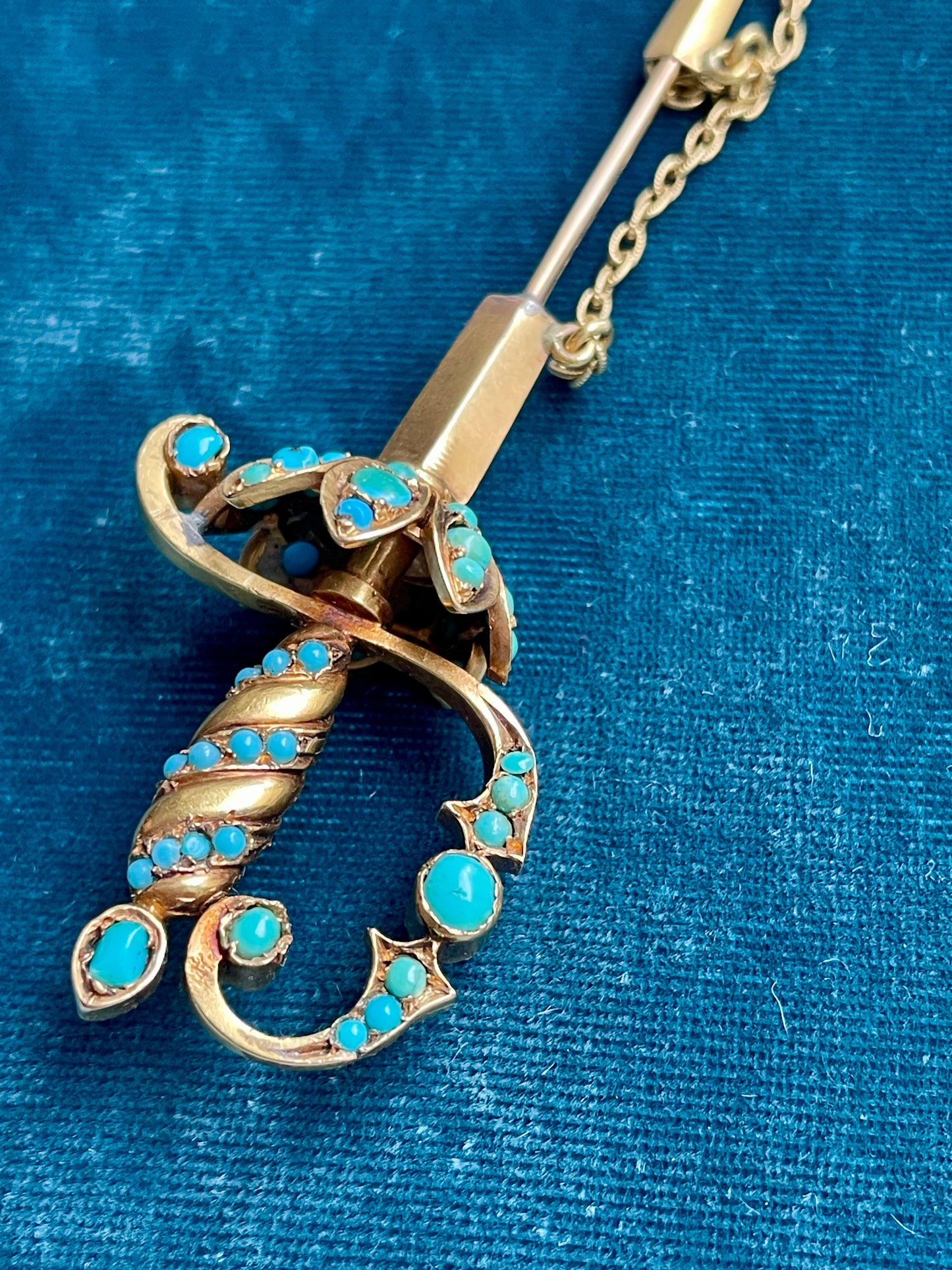 Antique Victorian Turquoise Accent Gold Sword Jabot Pin