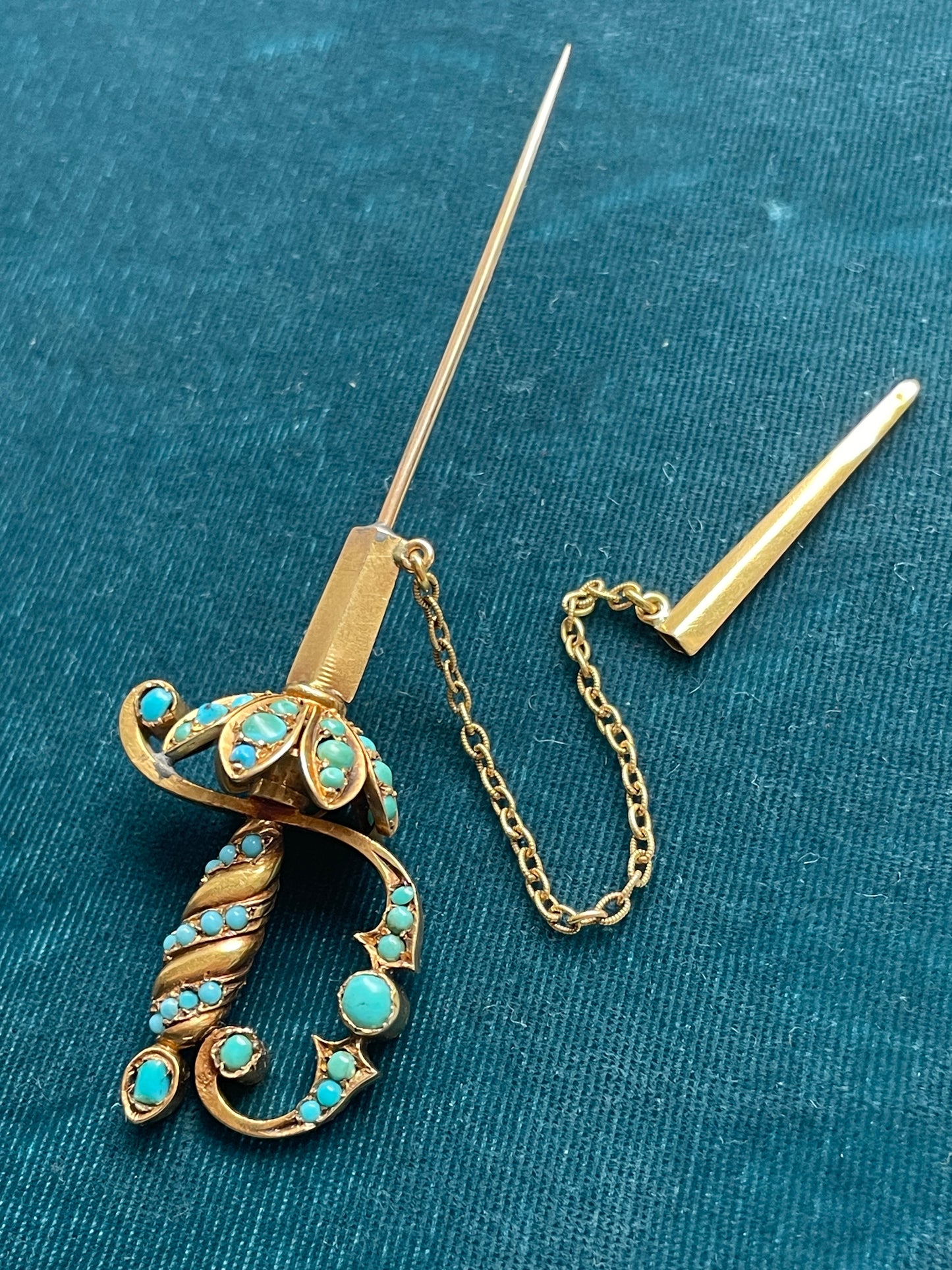 Antique Victorian Turquoise Accent Gold Sword Jabot Pin