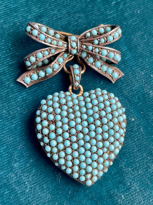 Mid-Century English Turquoise Heart with Bow Silver and Gold Locket