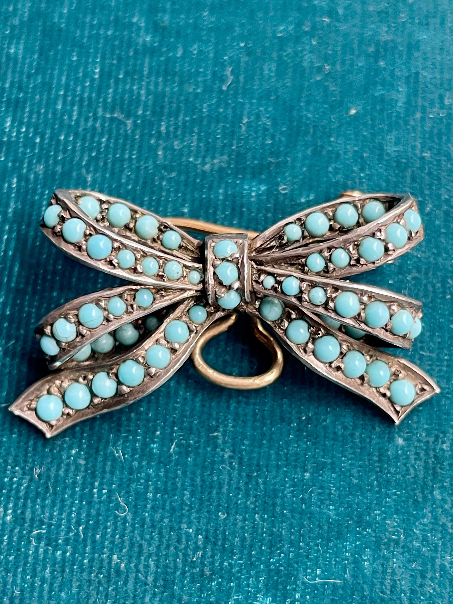 Mid-Century English Turquoise Heart with Bow Silver and Gold Locket