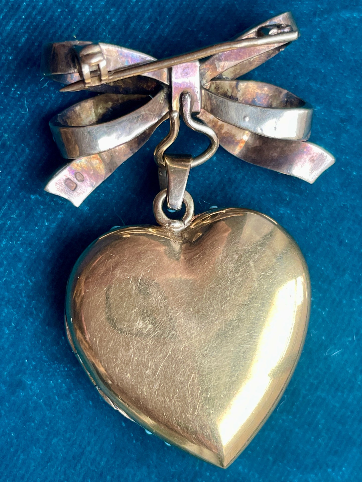 Mid-Century English Turquoise Heart with Bow Silver and Gold Locket