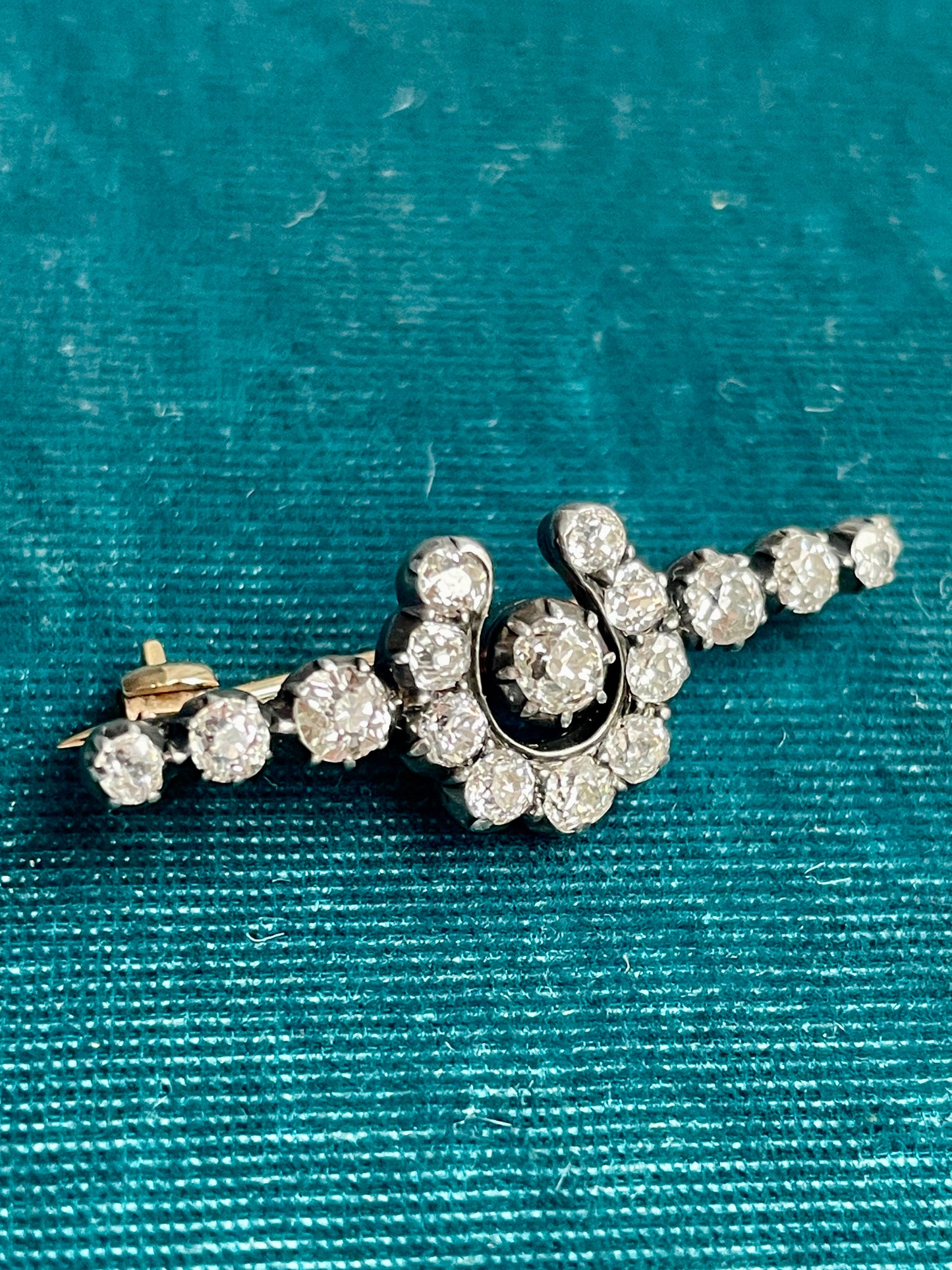 Antique Victorian Old-Cut Diamond Horseshoe Silver-Over-Gold Brooch
