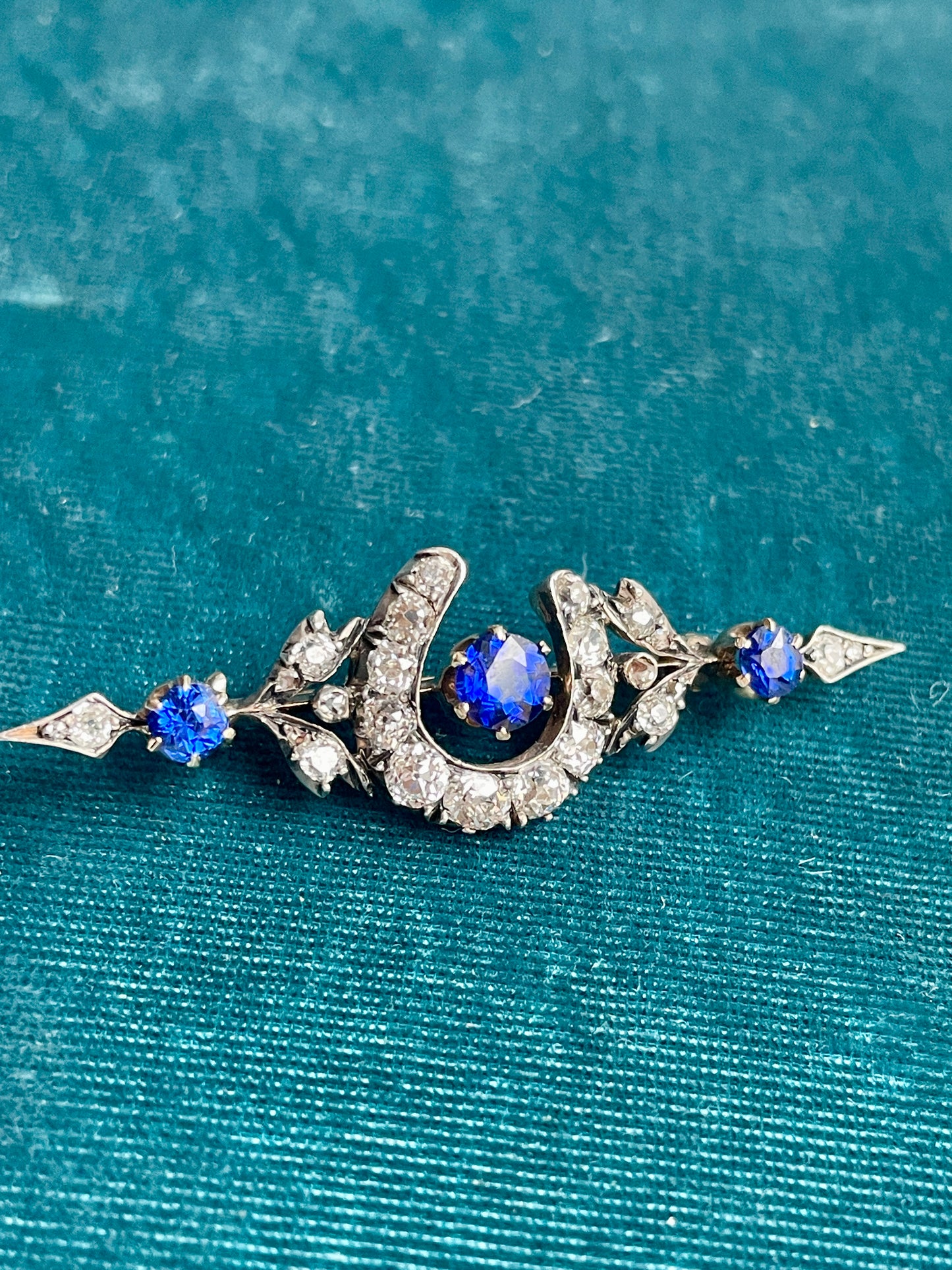 Antique Victorian Diamond Horseshoe with Sapphires Equestrian Silver-Over-Gold Brooch