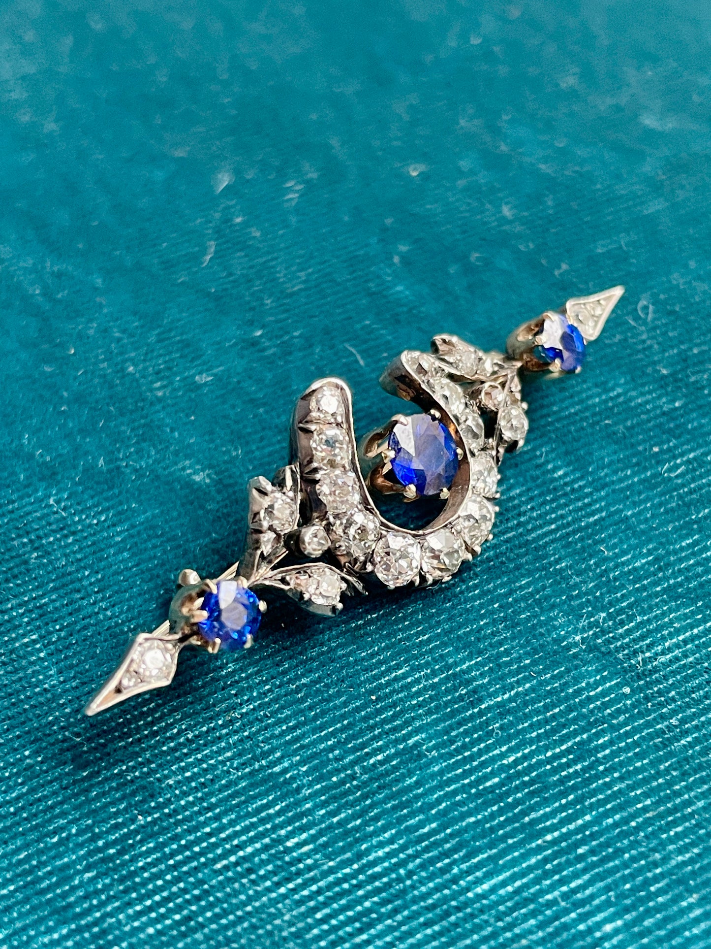 Antique Victorian Diamond Horseshoe with Sapphires Equestrian Silver-Over-Gold Brooch