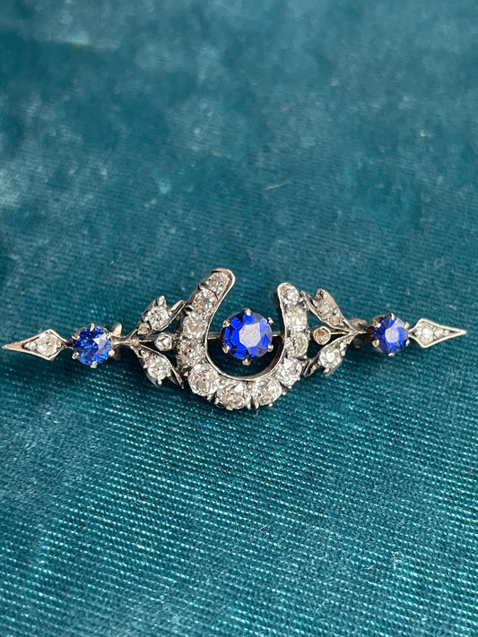 Antique Victorian Diamond Horseshoe with Sapphires Equestrian Silver-Over-Gold Brooch