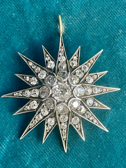 Antique Victorian Diamond Starburst Silver-Over-Gold Pendant
