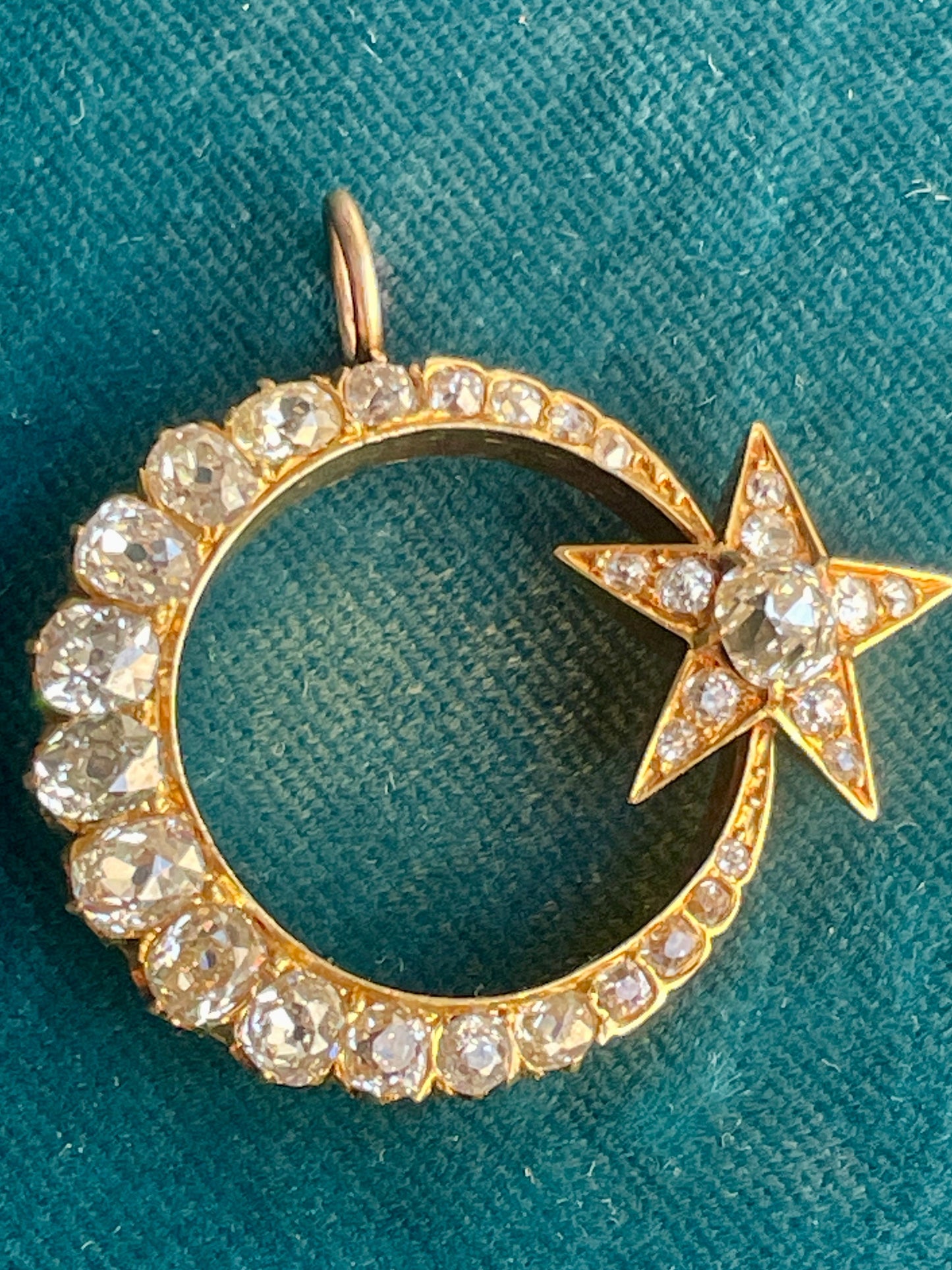 Antique Victorian Diamond Honeymoon Crescent with Star 18k Gold Pendant