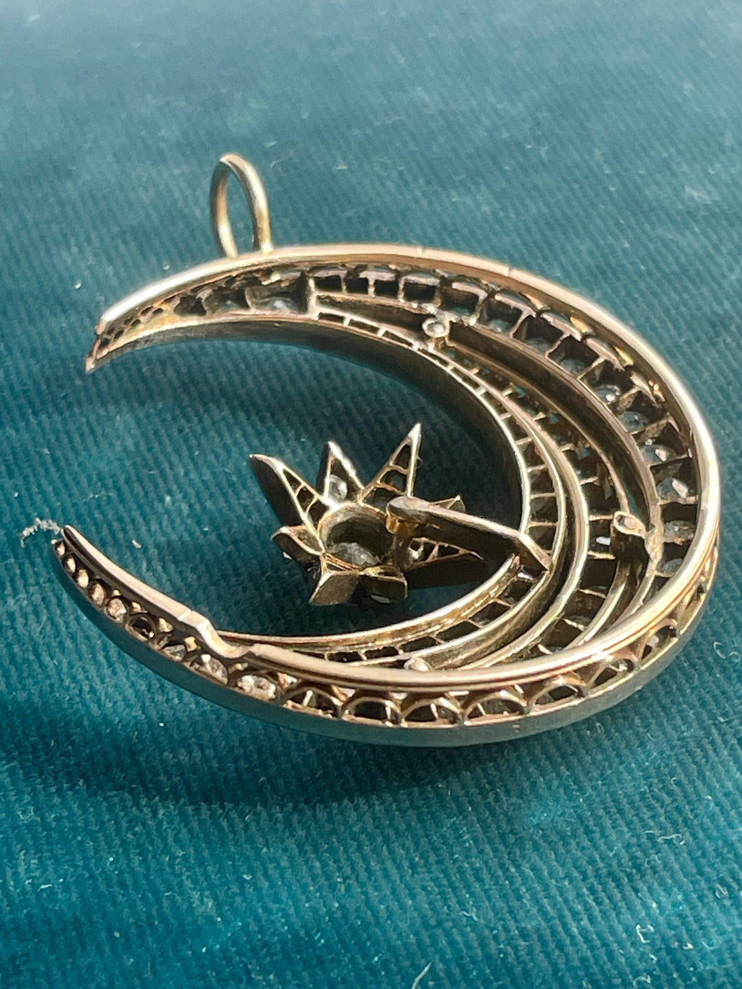 Antique Victorian Diamond and Sapphire Crescent with Star Honeymoon Silver-Over-Gold Pendant