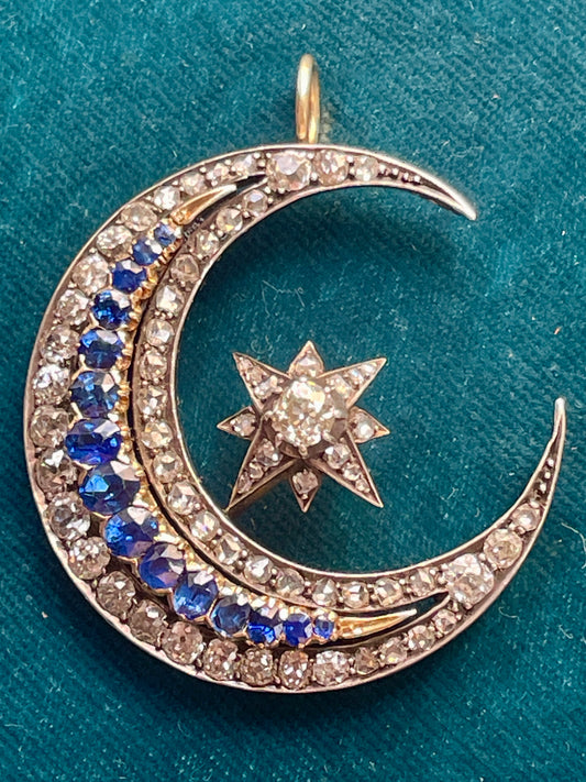 Antique Victorian Diamond and Sapphire Crescent with Star Honeymoon Silver-Over-Gold Pendant