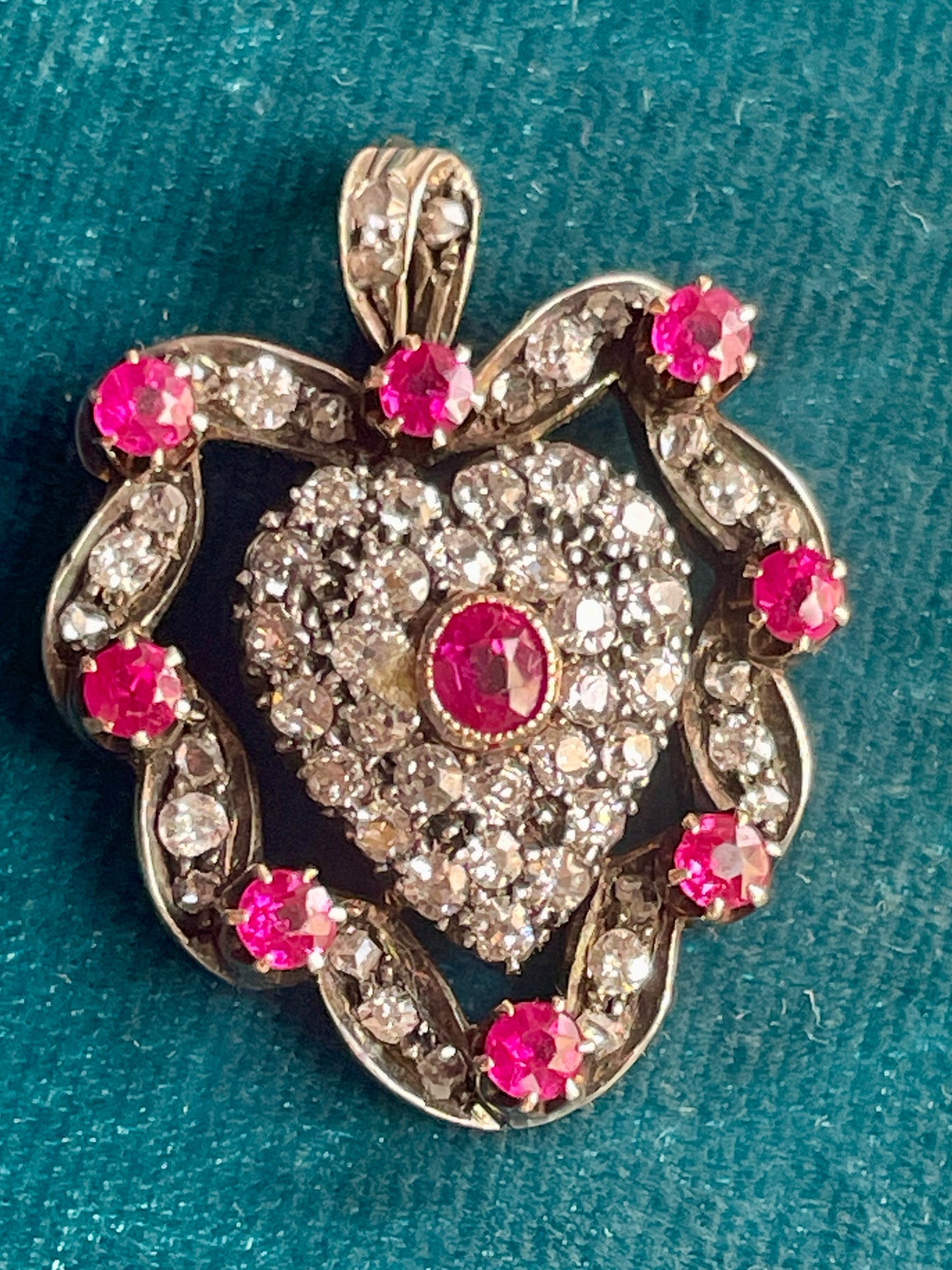 Antique Victorian Ruby and Diamond Heart Silver-Over-18k Gold Pendant