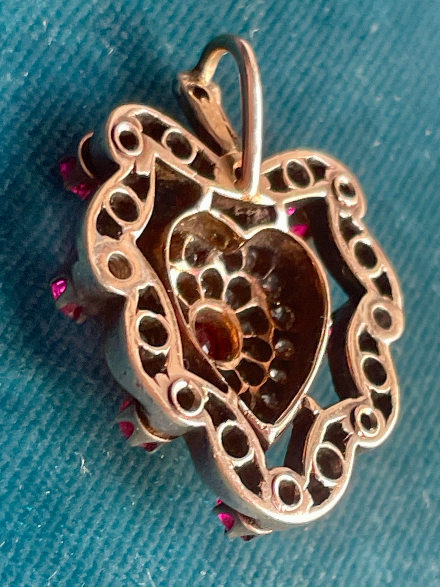 Antique Victorian Ruby and Diamond Heart Silver-Over-18k Gold Pendant